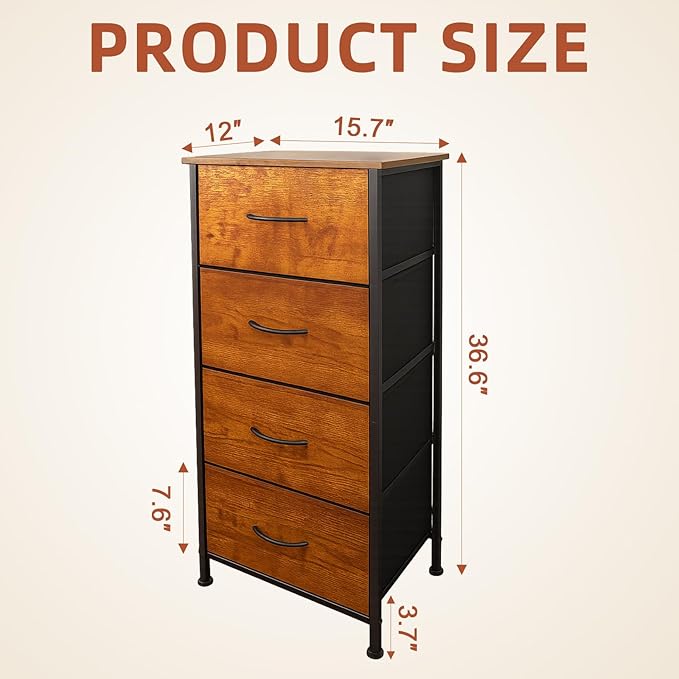 Nightstand with 4 Fabric Bins, Bedside Furniture, Night Stand, End Table Nightstand Storage Tower Unit Organizer with 4 Fabric Bins for Living Room (Rust Brown)