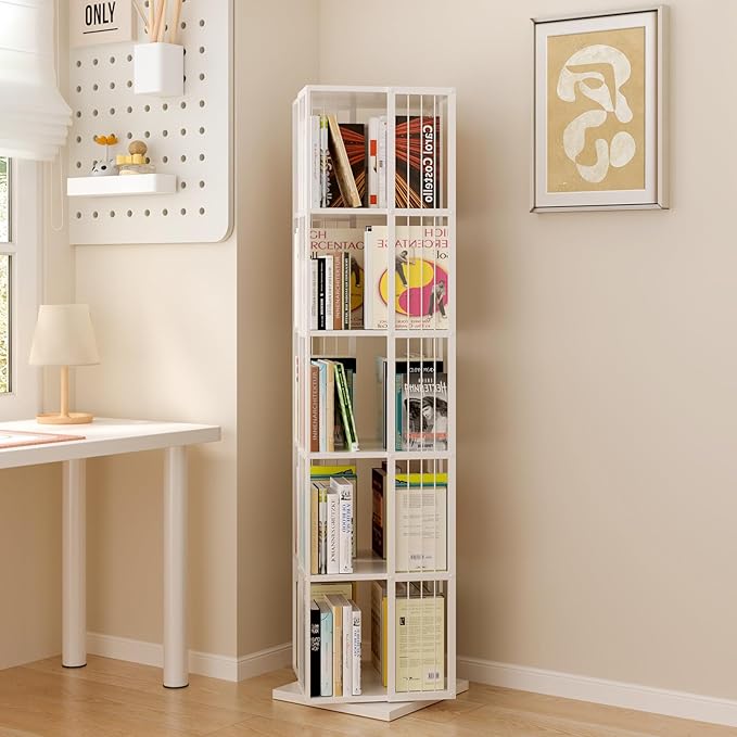 Square Rotating Bookshelf Tower - 360 Spinning Display Corner Bookcase for Narrow Space, Modern 5-Tier Revolving Storage Shelf, White