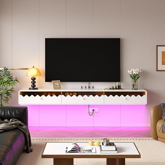 Floating TV Stand, 47IN Fully-Assembled Wall Mounted Wave Glass with Flip-Down Door & Drawers, Modern Media Entertainment Console Under TV Shelf for Livingroom