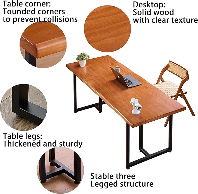 Solid Wood Administrative Desk, Dining Table with Durable Metal Legs, Uniquely Designed Leisure Table, Perfect for Restaurants and Home Offices, (Wood Brown, 70.87in)