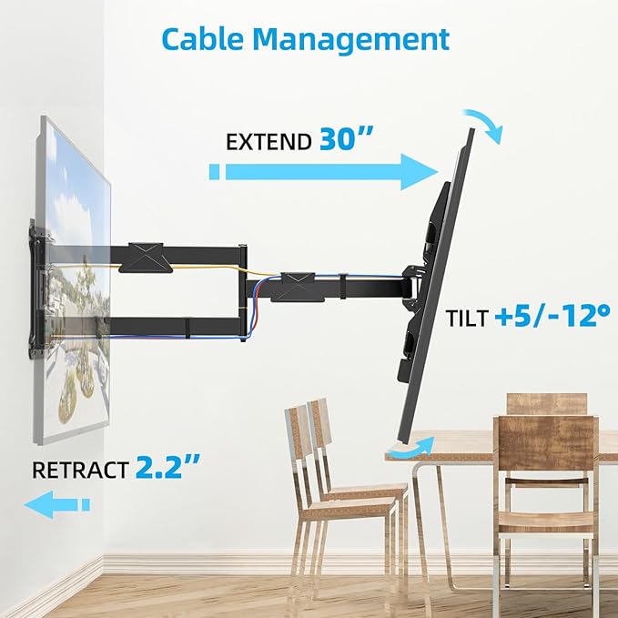 Pre-Assembled Corner TV Wall Mount for 32-80" TVs, Full Motion with Smooth Gliding Extension, 30" Long Arm, Single Stud Installation Holds 100lbs, Max VESA 600x400mm