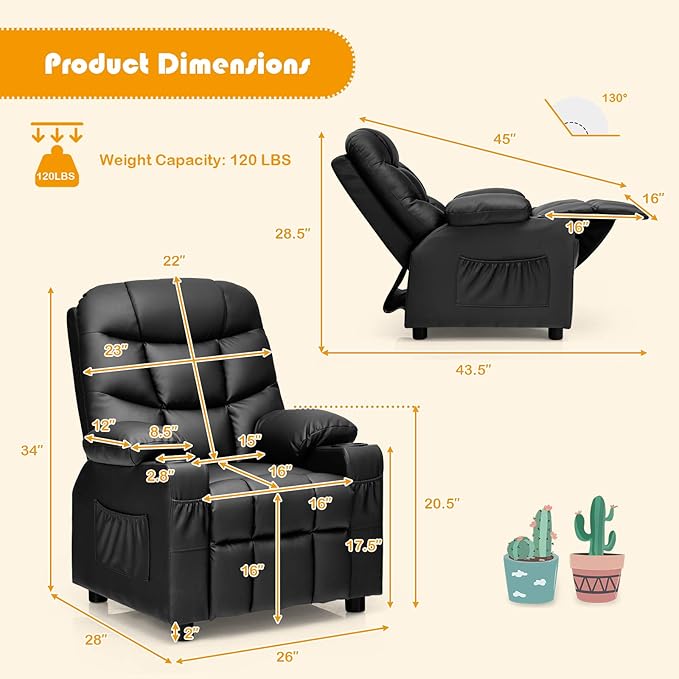 Costzon Kids Recliner Chair with Cup Holder, Adjustable Leather Lounge Chair w/Footrest & Side Pockets for Children Boys Girls Room, Ergonomic Toddler Furniture Sofa, Kids Recliner (Black)