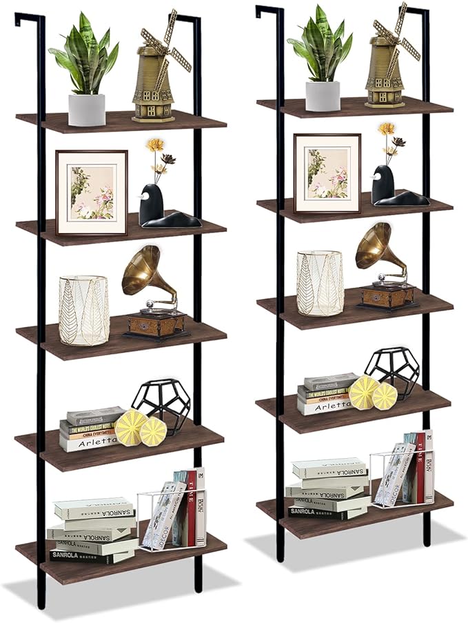 5 Tiers Ladder Shelf 2-Piece Black Modern Tall Bookshelf Open Large Tall Wall Mount Storage Bookcase Standing Leaning Wall Shelves Industrial Decorative (Brown)
