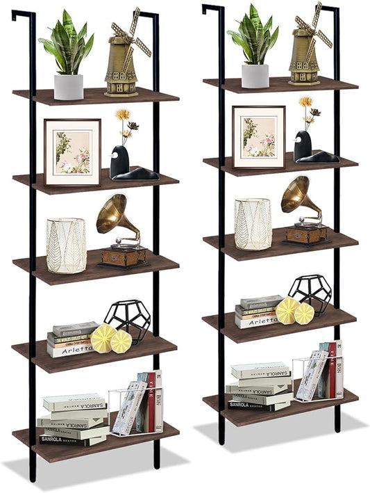 5 Tiers Ladder Shelf 2-Piece Black Modern Tall Bookshelf Open Large Tall Wall Mount Storage Bookcase Standing Leaning Wall Shelves Industrial Decorative (Brown)