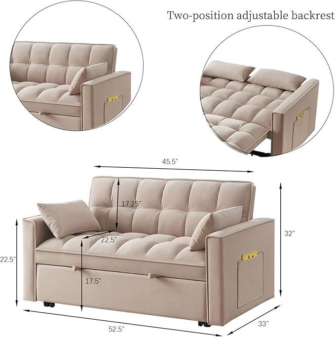 KEIKI Velvet Loveseat Convertible Sofa Bed Sleeper Chair with Adjustable Backrest, Pillows & Storage Pockets, 3 in 1 Pull-Out Couch Chaise Lounge Recliner for Living Room Balcony Bedroom, Taupe