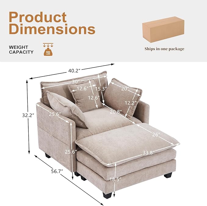 Furniliving Oversized Accent Chairs with Ottoman, Luxury Chenille Single Sofa, Upholstered Deep Seat Chaise Lounge with Pillows for Living Room, Bedroom, Apartment, Camel