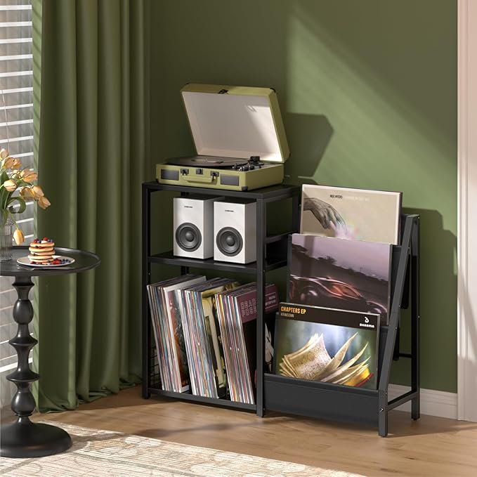LELELINKY Black End Table,Record Player Stand with Vinyl Storage,3 Tier Side Table with Display Shelf Storage Up to 150 Albums,Industrial Large Record Holder Cabinet for Living Room
