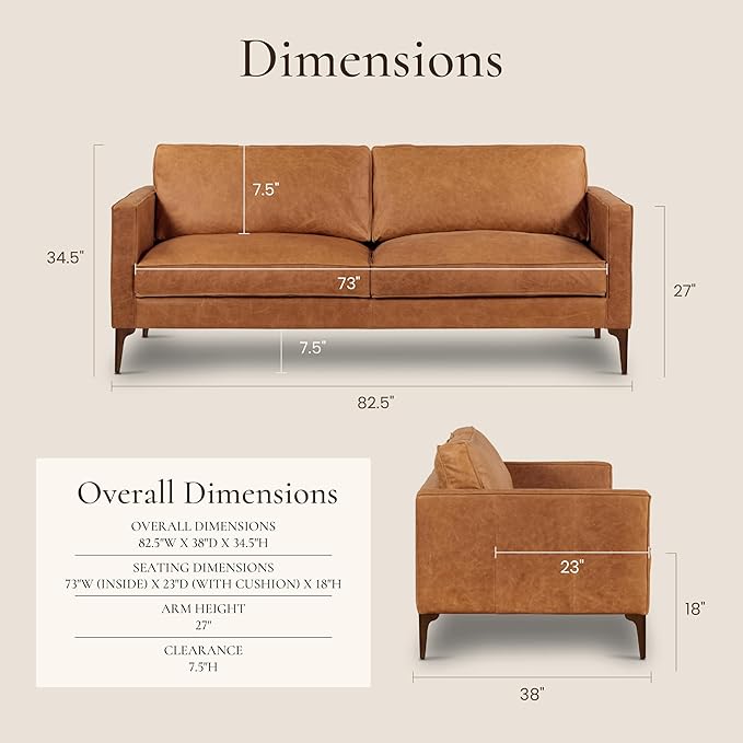POLY & BARK Mateo Leather Sofa in Full-Grain Pure-Aniline Italian Tanned Leather in Cognac Tan