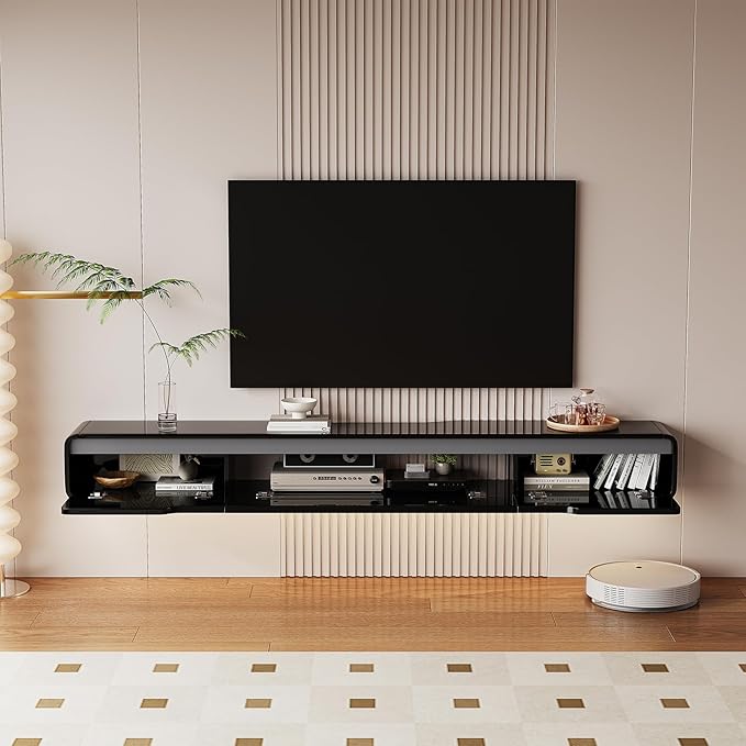 High Gloss Floating TV Stand with 3 Doors,47'' Wall Mounted TV Cabinet,Under TV Console,Floating Media Shelft for Bedroom Living Room(Black)
