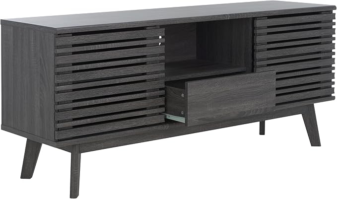 SAFAVIEH ESMA TV Stand for up to 60" Flatscreen – Distressed Black, Low Sideboard with 2 Sliding Doors, 1 Open Shelf, 1 Drawer, Entertainment Media Console (MED9638E)