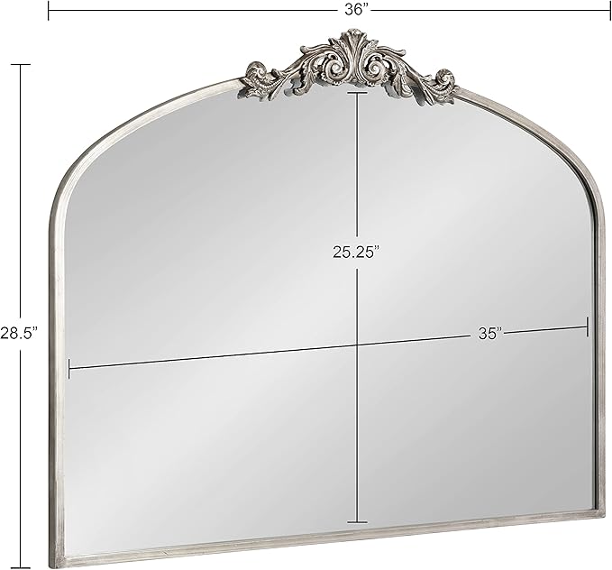 Kate and Laurel Arendahl Ornate Traditional Arched Mirror; 36 x 29; Silver; Decorative Baroque Style Arched Wall Mirror with Wide Frame and Ornamental Crown