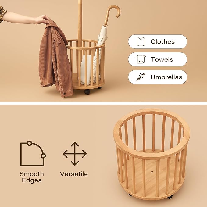 CozyDH Solid Wood Coat Rack Freestanding with Lockable 360° Rotary Casters, Coat Tree Stand with Umbrella Holder & Laundry Basket Storage & 12 Hooks, Natural