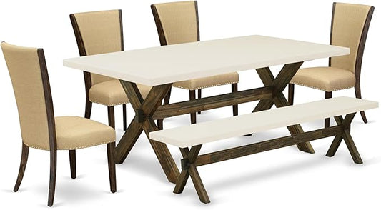 East West Furniture X727VE703-6 6 Piece Dining Room Table Set Contains a Rectangle Kitchen Table with X-Legs and 4 Brown Linen Fabric Parson Chairs with a Bench, 40x72 Inch, Multi-Color