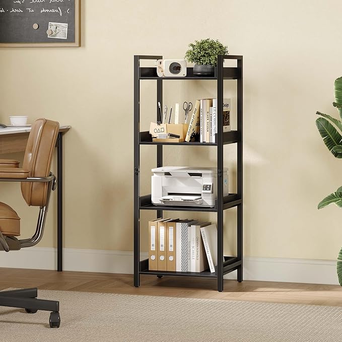 Rolanstar Bookshelf, 4-Tier Storage Rack, Narrow Corner Bookshelf, Display Wooden Shelves for Living Room, Bathroom, Balcony, Kitchen,Black