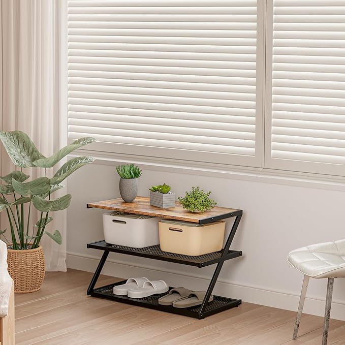 Z-Frame Shoe Rack with Wooden Top & Metal Mesh Shelves - Space-Saving Storage for Hallway, Living Room, Closet & Bedroom (24.41" x 11.02" x 16.14")