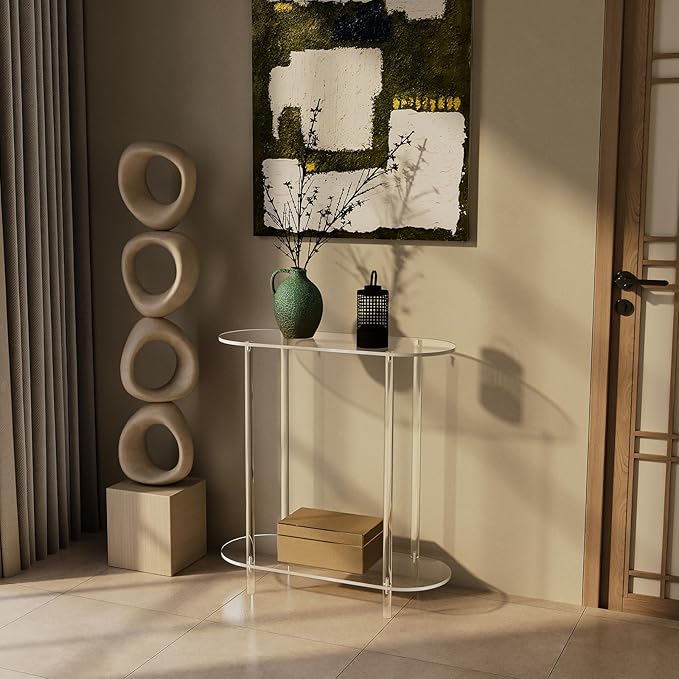 Acrylic Console Table, Oval, 29.5" Small Entryway Table, Clear Entry Table for Sofa, Foyer, Hallway, Living Room, Easy Assembly, 2 Tier, 11.8" D x 31.5" H