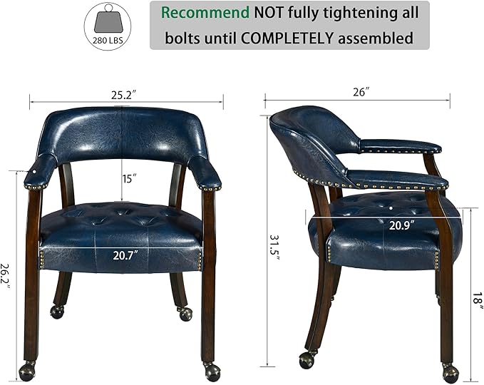 LEEMTORIG Large Dining Chairs with Casters and Arms, Rolling Dining Chairs with Wheels, Solid Wood Boss Caption's Chairs Office Desk Chairs, 26" D x 25.2" W, Espresso Legs & Dark Blue PU SY-318-LB