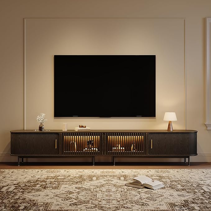 POVISON Sliding Tambour Door TV Stand with LED Lights, Mid Century Modern TV Console, Wood Media Console, Entertainment Center with Storage Cabinet, Fully-Assembled (Black, 118.11")