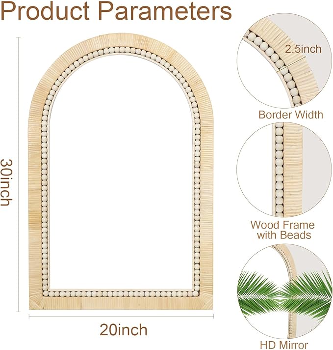 ULIKE Rattan Mirror for Bathroom, 20x30 Inch Arch Rustic Farmhouse Wall Decor with Handmade Wicker Frame, Boho Mirror for Nursery Bedroom Living Room Entryway