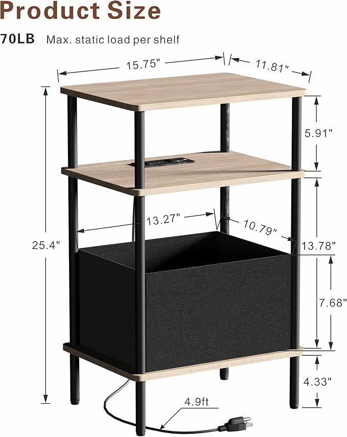 Small Side Table with Charging Station, Set of 2 End Table for Small Spaces, Slim Nightstand with Outlet,Sofa Beside Table, 3-Tier Storage Shelf,Living Room, Bed Room, Natrual Walnut