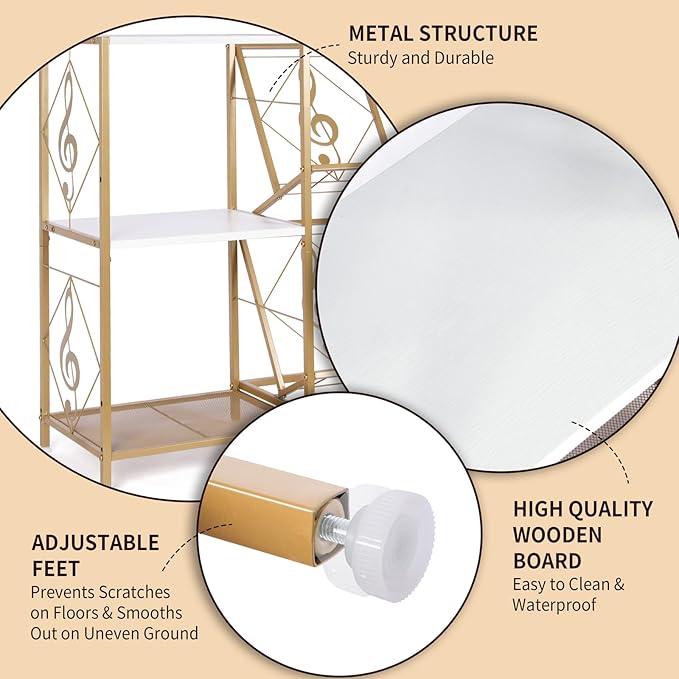 Record Player Stand with Vinyl Record Storage, Turntable Stand with 2-Tier Vinyl Display Shelf & Metal Frame, Vinyl Holder for Living Room, Gold & White