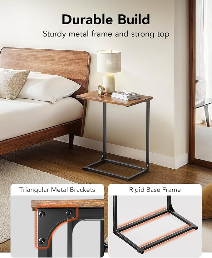 Pipishell C-Shaped Side Table, C-Table for Sofa, End Table with Metal Frame, Large Surface Couch Table for Living Room, Bedroom, and Home Office, Rustic Design, PIET11V
