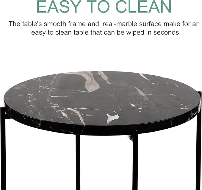 Real Natural Marble Top Metal Round Side End Table, Modern Lightweiht Bedside Small Coffee Table for Living Room Bedroom Small Space Black…