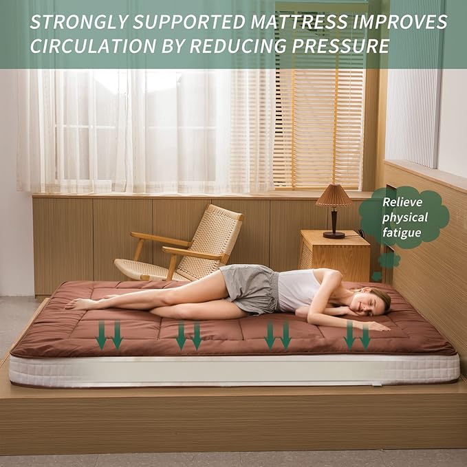 MAXYOYO Futon Mattress, Japanese Floor Mattress Queen Size, Quilted Bed Mattress Topper, Extra Thick Folding Sleeping Pad Breathable Floor Lounger Guest Bed for Camping Couch, Coffee