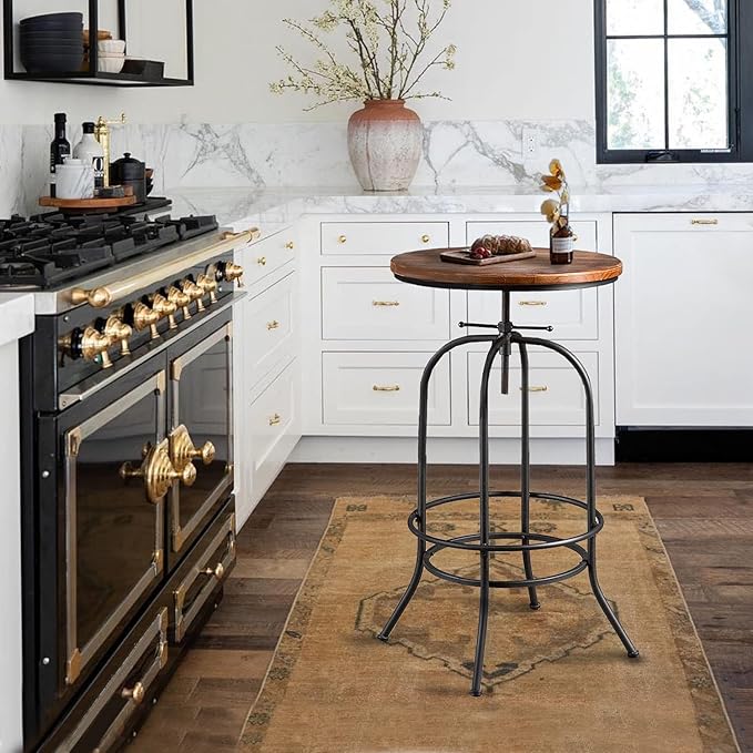 Rustic Bar Table Vintage Bistro Table Industrial Pub Table for Kitchen Coffee House Office Computer Desk Swivel Round Wooden Top 37.4-45.3inch Height Adjustable