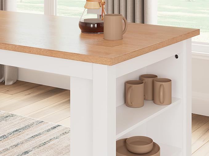 Signature Design by Ashley Gesthaven Farmhouse Counter Height Dining Table with 3 Shelves and Trestle Base, Light Brown & White