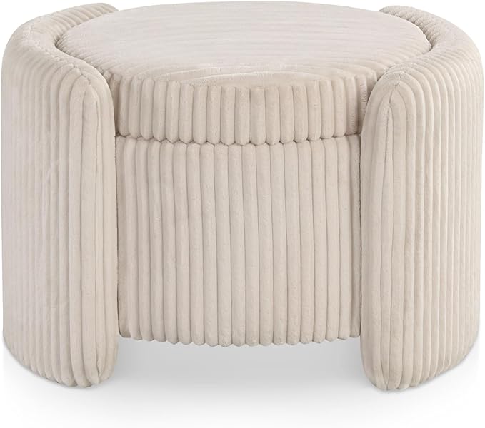 Furniture of America Lennox Modern Chenille 25-inch Round Storage Ottoman with Reversible Flip Top, Upholstered Footstool for Living Room, Bedroom, Entryway, Beige Pink