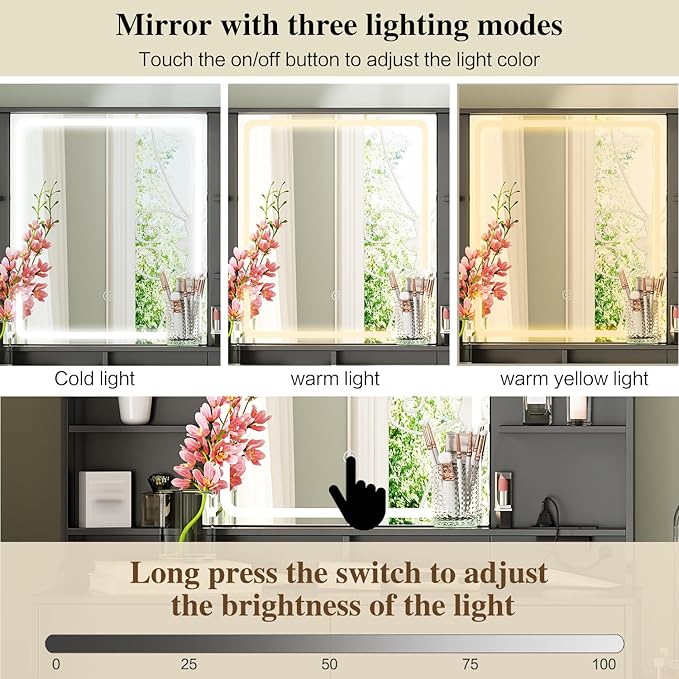 Large Makeup Vanity Desk with Mirror and Lights, Vanity Desk with 8 Drawers & Storage Shelves, Vanity Table with Power Outlet, 3 Color Modes & Adjustable Brightness Dressing Table, Bedroom,Black