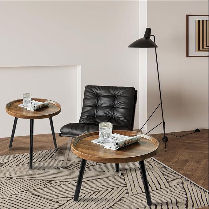 Jessie Small Round Coffee Tables,50x50x48cm Mid Century Modern Nesting Tables,Easy Assembly Circle Walnut Coffee Tables with Non-Slip Feet,Nesting Coffee Table for Living Room Balcony Yard