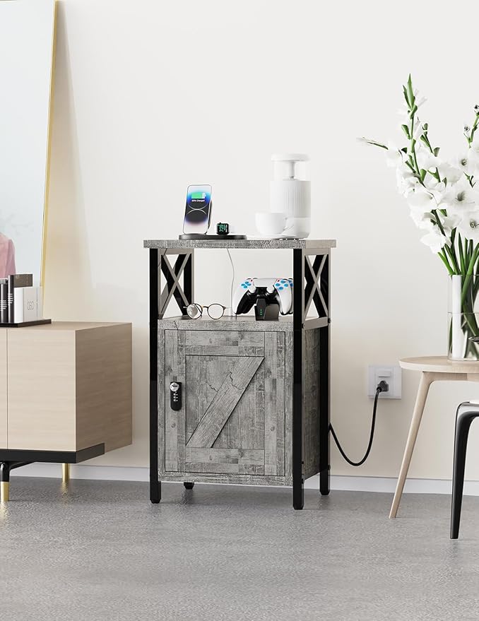 Wooden Nightstand with Lock, Bed Side Table with Drawers, Bedside Table with Charging Station, 3 USB & 2 Outlets, Night Stand with Storage, End Tables for Living Room, Bedroom (Ash Gray)
