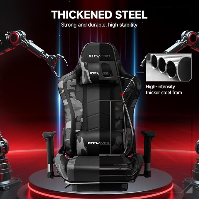 GTPLAYER Gaming Chair with Bluetooth Speakers and Footrest, Ergonomic Gamer Chair with Reclining Backrest, 3D Armrests, Adjustable Seat Height, Computer Desk Chair for Adults (Camouflage)