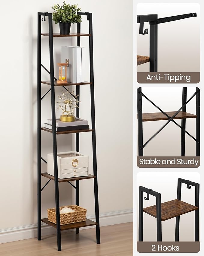 Ladder Shelf, Bookshelf Bookcase, Freestanding Corner Storage Shelve with 2 Hooks for Home Office, Living Room, Kitchen, Bedroom, Industrial, 5-Tier Rustic Brown BC03201B