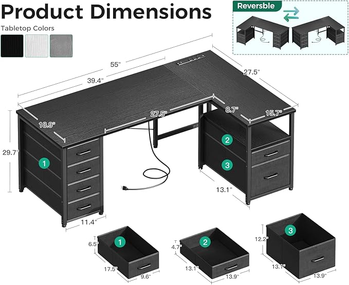 Coleshome L Shaped Computer Desk with 6 Drawers & Power Outlet, 55 Inch Corner Desk with Reversible Storage Shelf & File Drawer, Home Office Desk, Black
