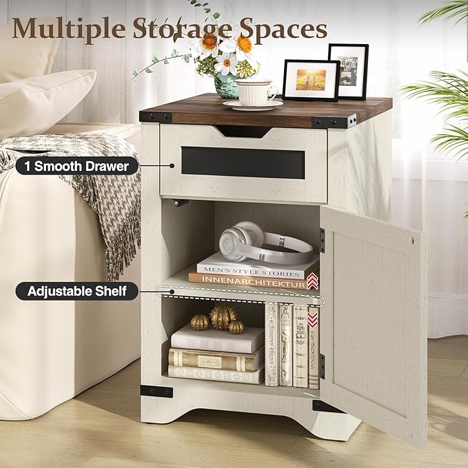 Farmhouse End Table with Charging Station, 26.4" Tall Rustic Nightstand with Drawer and X Barn Door, Antique White Country Bedside Sofa Side Table for Living Room
