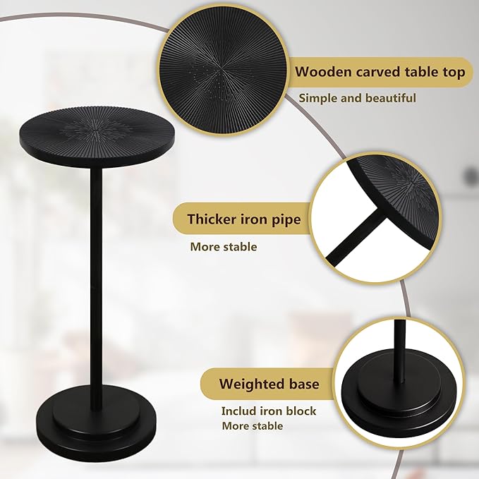 Drink Table Set of 2, Small Round Pedestal Side Table with Carved Top for Living Room, Bedroom, Small Space, Corners and Office, Black