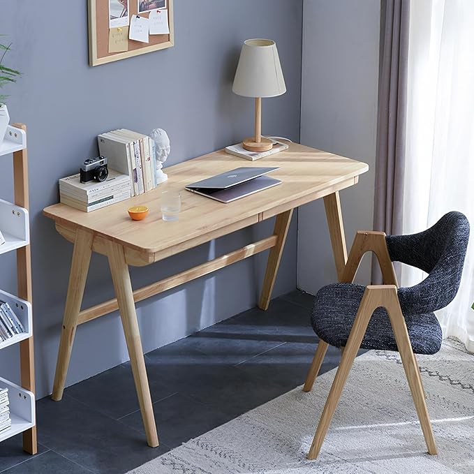 Computer Desk with Drawers, Solid Wood Writing Desk, Mid Century Modern Home Office Desks, Oak Study Table, Small Desk for Bedroom, 29.1 H x 39.4 W x 21.7 D Inches, Natural