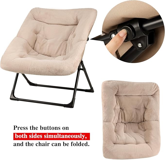 Comfy Saucer Chair for Adults, Soft Faux Fur Bedroom Chair, Accent Dorm Chairs, Flexible Living Room Reading Chairs, Oversized Folding Lounge Seat for Teens, X-Large, Light Khaki