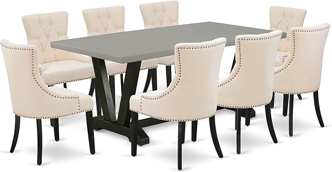 East West Furniture V697FR102-9 9 Piece Dining Room Set Includes a Rectangle Kitchen Table with V-Legs and 8 Light Beige Linen Fabric Upholstered Parson Chairs, 40x72 Inch, Multi-Color