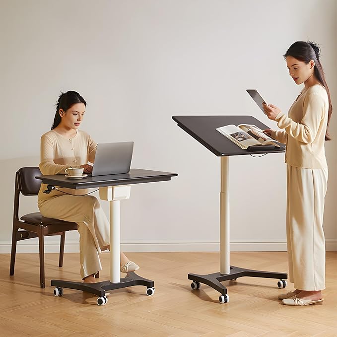 Adjustable Computer Desk, Solid Wood Folding Desk with Wheels, Mobile Home Office Laptop Table, Sit Stand Workstation, Rolling Desk, 28.35-42.52 H x 31.5 W x 19.69 D Inches, Black