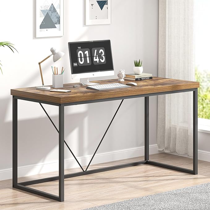 EXCEFUR Industrial Computer Desk, Wood and Metal Home Office Desk, Writing Study Work PC Table for Living Room Bedroom, Rustic Brown, 53 inch