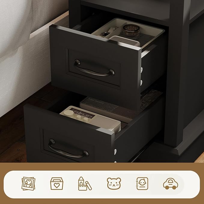 LINSY HOME End Table with Charging Station, Narrow Sofa Couch Side Table with Storage Drawers, Wooden Bedside Table for Living Room, Slim Nightstand for Small Space, Glass Top, Black