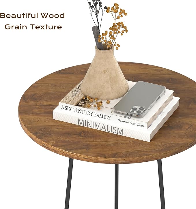 Manora Small Round Side Table, Rustic Brown Wood Accent Table with Metal Frame, Modern Farmhouse Bedside Nightstand for Bedroom and Office, Compact Furniture for Small Spaces