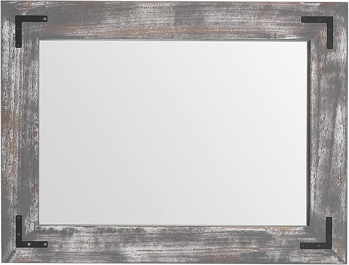 YOSHOOT Rustic Wooden Framed Wall Mirror, 30"x20", Natural Wood Bathroom Vanity Mirror for Farmhouse Decor, Vertical or Horizontal Hanging