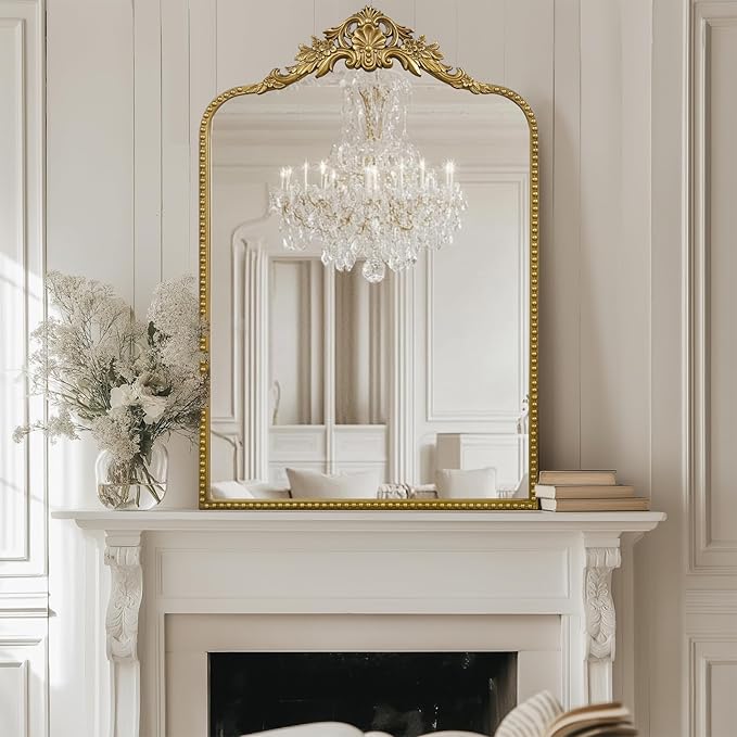 G-LEAF Vintage Baroque Mirror 24"X36",Arched Mantel Victorian Antique Farmhouse Mirror with Gold Ornate Metal Frame for Fireplace Entryway Living Room Hallway Bathroom