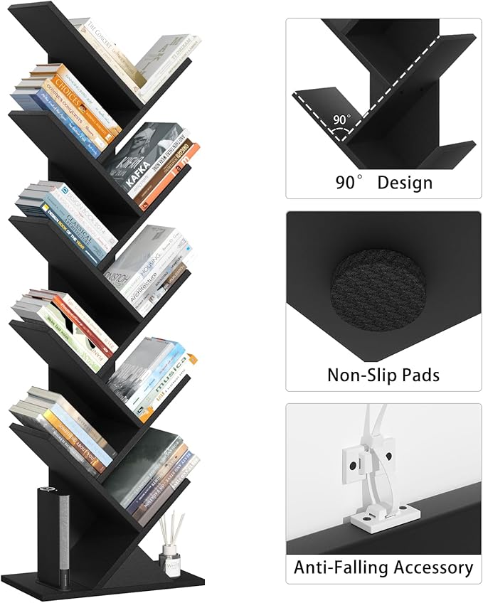 10 Tier Tree Book Shelf, Floor Standing Wood Bookshelf for Narrow Space, Storage Organizer Bookshelves for Books/CDs/Magazine, Bookcase with Shelves for Home Office, Living Room - Black