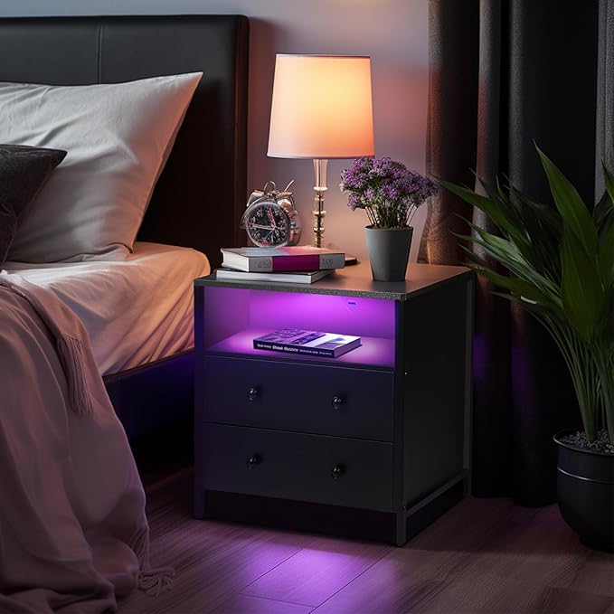 27 Inch Wide Night Stand, Large Wood Night Stand with 2 Drawer, LED Nightstand with Charging Station and Adjustable Drawer, Bedside Table for Living Room/Bedroom/Study/Office, Black.